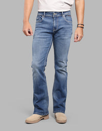 MED BLUE 5 Pocket Mid Rise Loose Boot Leg Stretch Jeans