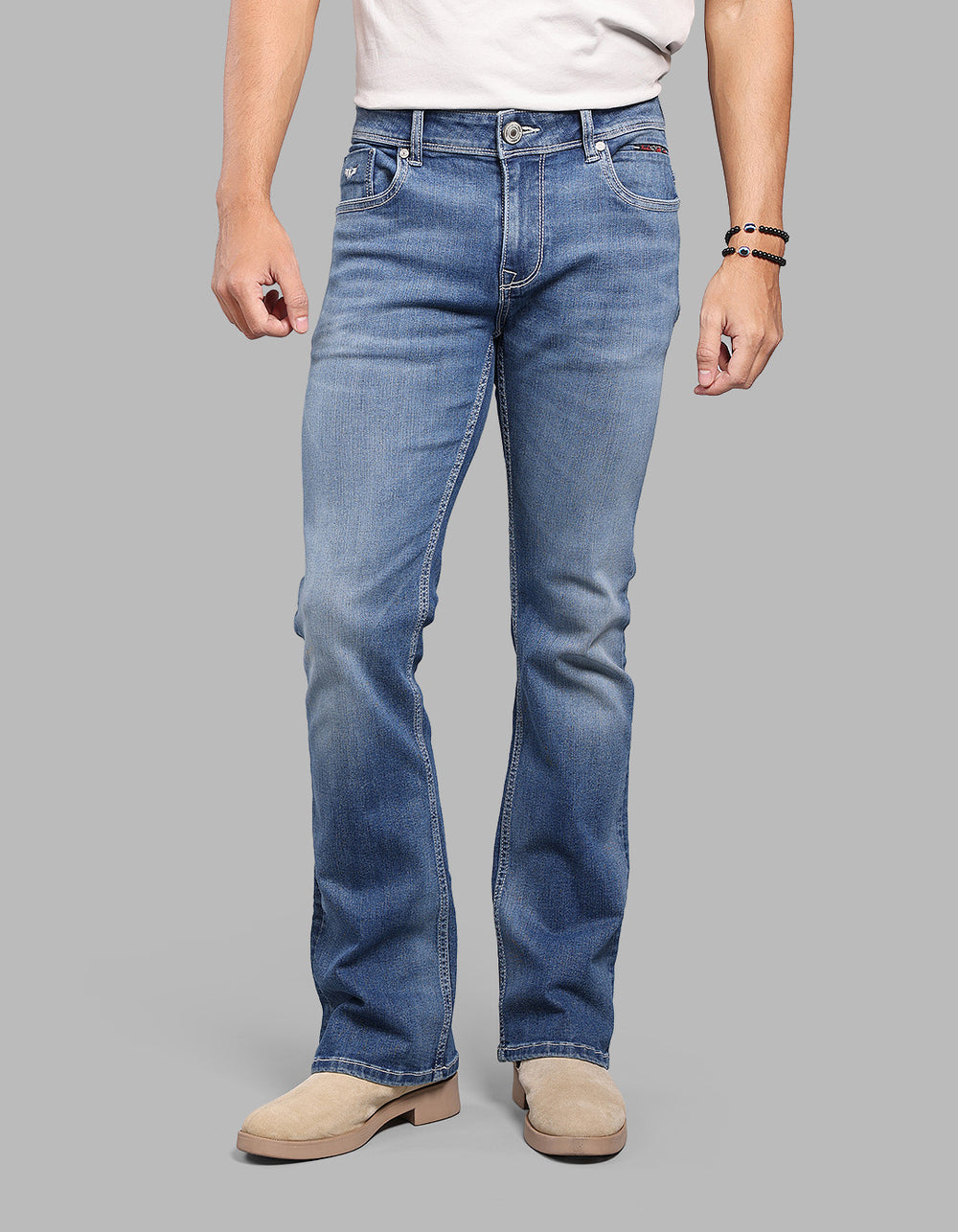 MED BLUE 5 Pocket Mid Rise Cropped length Loose Boot Leg Stretch Jeans