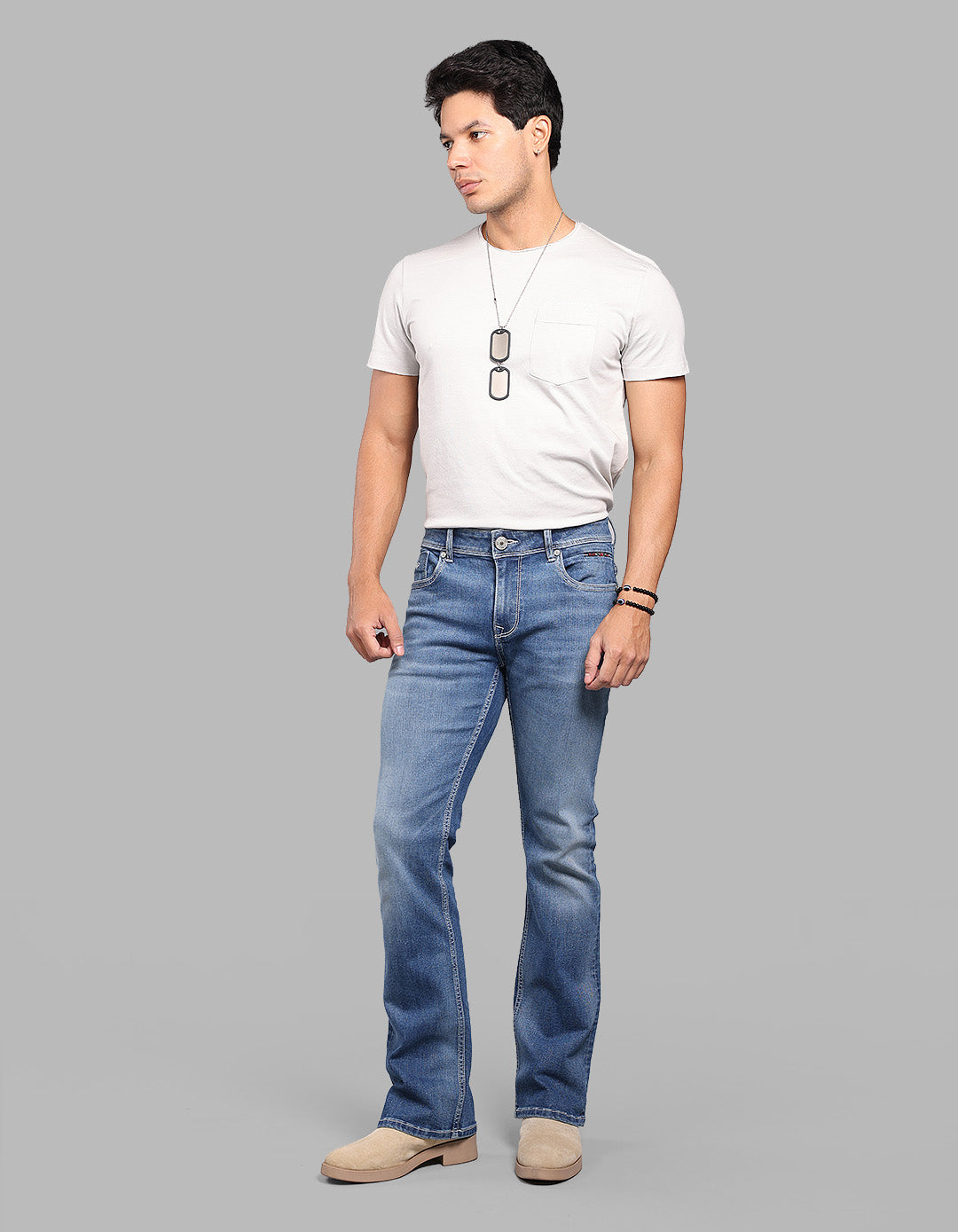 MED BLUE 5 Pocket Mid Rise Loose Boot Leg Stretch Jeans