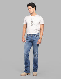 MED BLUE 5 Pocket Mid Rise Loose Boot Leg Stretch Jeans