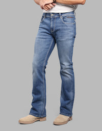 MED BLUE 5 Pocket Mid Rise Cropped length Loose Boot Leg Stretch Jeans