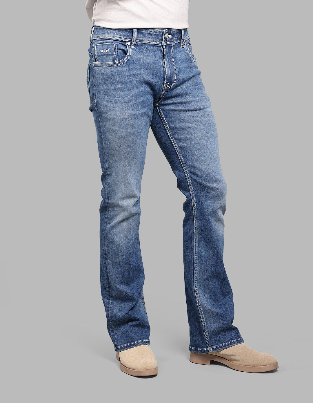 MED BLUE 5 Pocket Mid Rise Loose Boot Leg Stretch Jeans