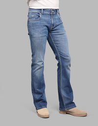 MED BLUE 5 Pocket Mid Rise Loose Boot Leg Stretch Jeans