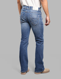 MED BLUE 5 Pocket Mid Rise Cropped length Loose Boot Leg Stretch Jeans