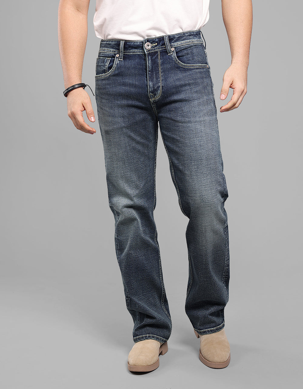 Med Blue 5 Pocket Midrise Loose Fit Stretch Jeans