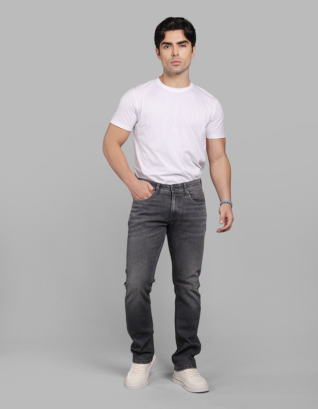 Med Grey 5 Pocket Mid-Rise Slim Straight Fit Stretch Jeans