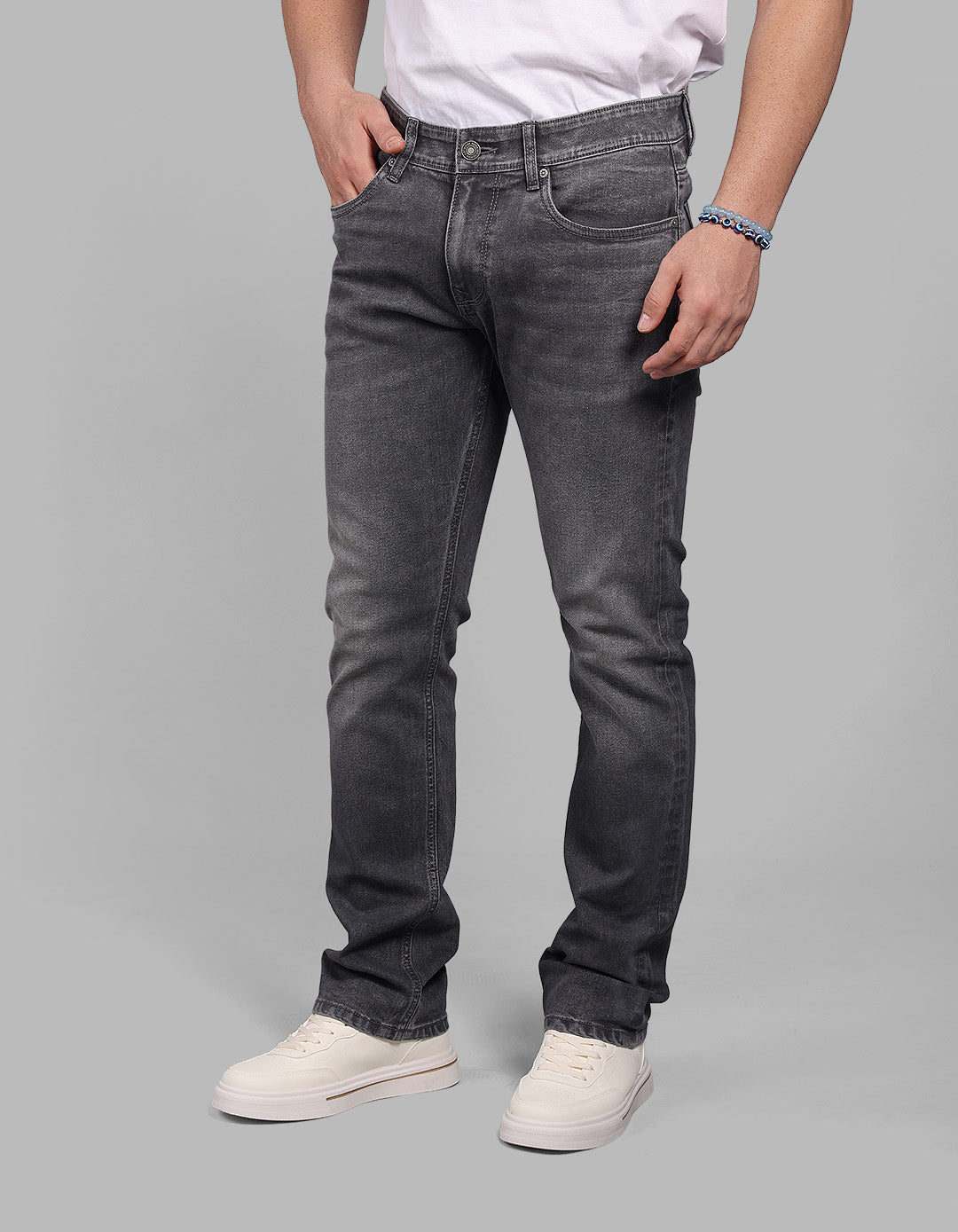Med Grey 5 Pocket Mid-Rise Slim Straight Fit Stretch Jeans