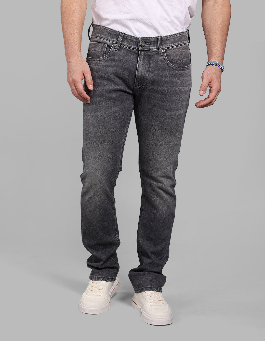 Med Grey 5 Pocket Mid-Rise Slim Straight Fit Stretch Jeans