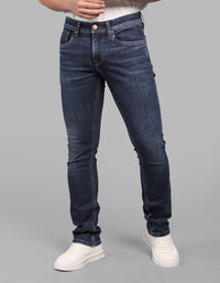 Dark Blue Mid-Rise Slim Straight Fit Stretch Jeans
