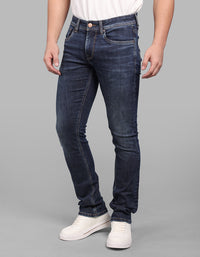 Dark Blue Mid-Rise Slim Straight Fit Stretch Jeans