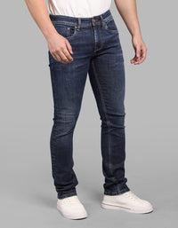 Dark Blue Mid-Rise Slim Straight Fit Stretch Jeans