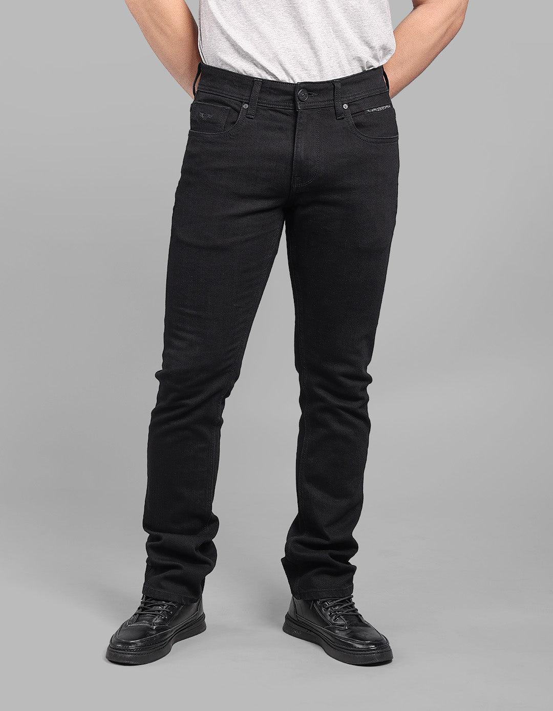 Black 5 Pocket Mid-Rise Slim Straight Fit Stretch Jeans