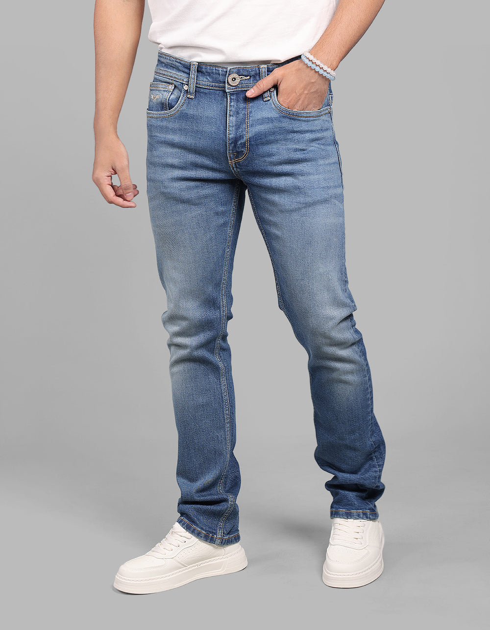 Med Blue 5 Pocket Mid-Rise Slim Straight Fit Stretch Jeans
