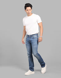 Med Blue 5 Pocket Mid-Rise Slim Straight Fit Stretch Jeans