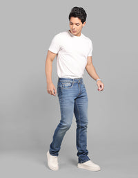 Med Blue 5 Pocket Mid-Rise Slim Straight Fit Stretch Jeans