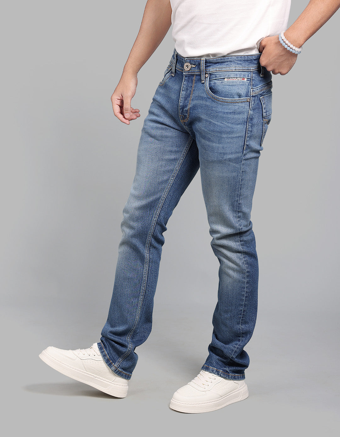 Med Blue 5 Pocket Mid-Rise Slim Straight Fit Stretch Jeans