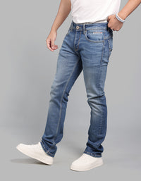Med Blue 5 Pocket Mid-Rise Slim Straight Fit Stretch Jeans
