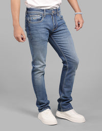 Med Blue 5 Pocket Mid-Rise Slim Straight Fit Stretch Jeans