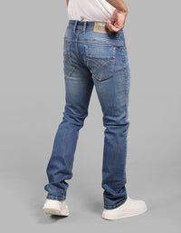 Med Blue 5 Pocket Mid-Rise Slim Straight Fit Stretch Jeans