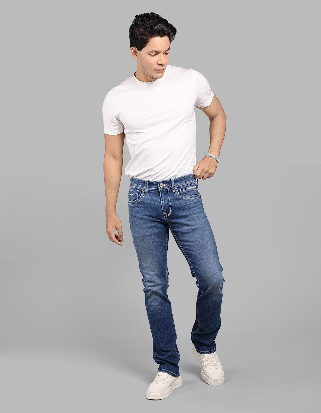 Med Blue 5 Pocket Mid-Rise Slim Straight Fit Stretch Jeans