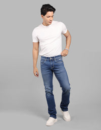 Med Blue 5 Pocket Mid-Rise Slim Straight Fit Stretch Jeans