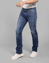 Med Blue 5 Pocket Mid-Rise Slim Straight Fit Stretch Jeans