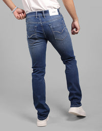 Med Blue 5 Pocket Mid-Rise Slim Straight Fit Stretch Jeans