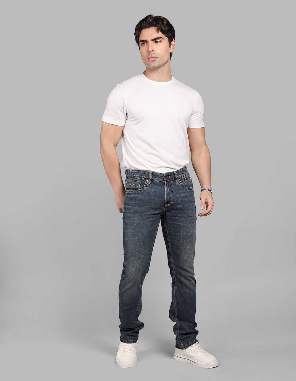 Med Blue 5 Pocket Mid-Rise Slim Straight Fit Stretch Jeans
