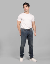 Med Blue 5 Pocket Mid-Rise Slim Straight Fit Stretch Jeans
