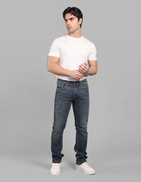 Med Blue 5 Pocket Mid-Rise Slim Straight Fit Stretch Jeans