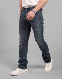 Med Blue 5 Pocket Mid-Rise Slim Straight Fit Stretch Jeans