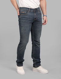Med Blue 5 Pocket Mid-Rise Slim Straight Fit Stretch Jeans