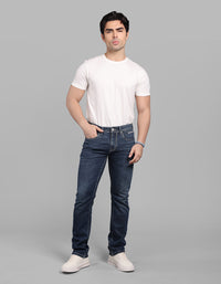 Med Blue 5 Pocket Mid-Rise Slim Straight Fit Stretch Jeans