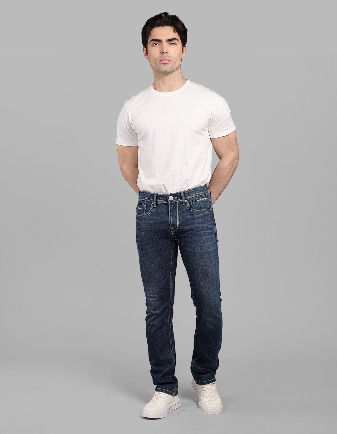 Med Blue 5 Pocket Mid-Rise Slim Straight Fit Stretch Jeans