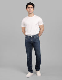 Med Blue 5 Pocket Mid-Rise Slim Straight Fit Stretch Jeans
