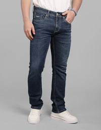 Med Blue 5 Pocket Mid-Rise Slim Straight Fit Stretch Jeans