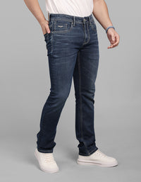 Med Blue 5 Pocket Mid-Rise Slim Straight Fit Stretch Jeans