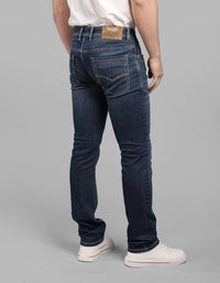 Med Blue 5 Pocket Mid-Rise Slim Straight Fit Stretch Jeans