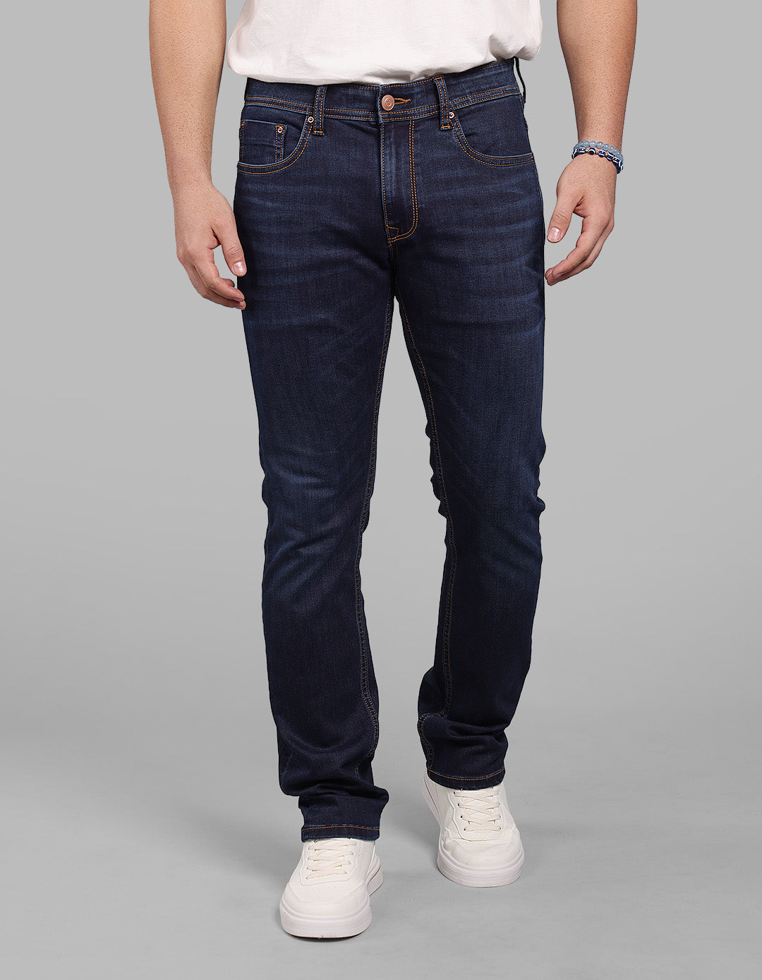 Dk Blue 5 Pocket Mid-Rise Slim Straight Fit Stretch Jeans