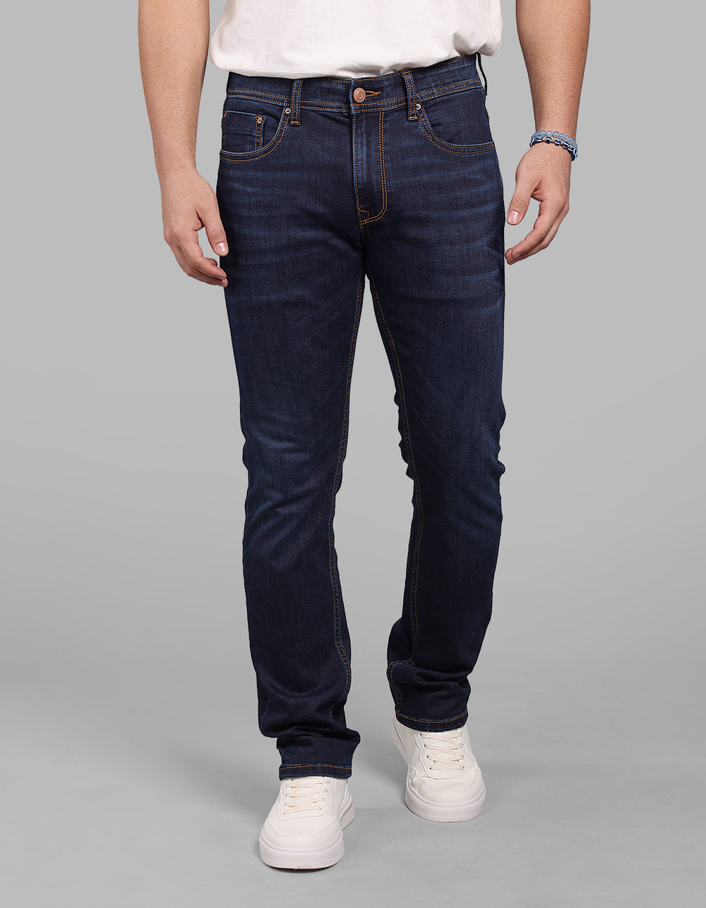 Dk Blue 5 Pocket Mid-Rise Slim Straight Fit Stretch Jeans