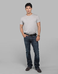 Dark Blue Mid Rise Loose Boot Leg Stretch Jeans