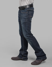 Dark Blue Mid Rise Loose Boot Leg Stretch Jeans