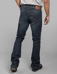 Dark Blue Mid Rise Cropped Length Loose Boot Leg Stretch Jeans