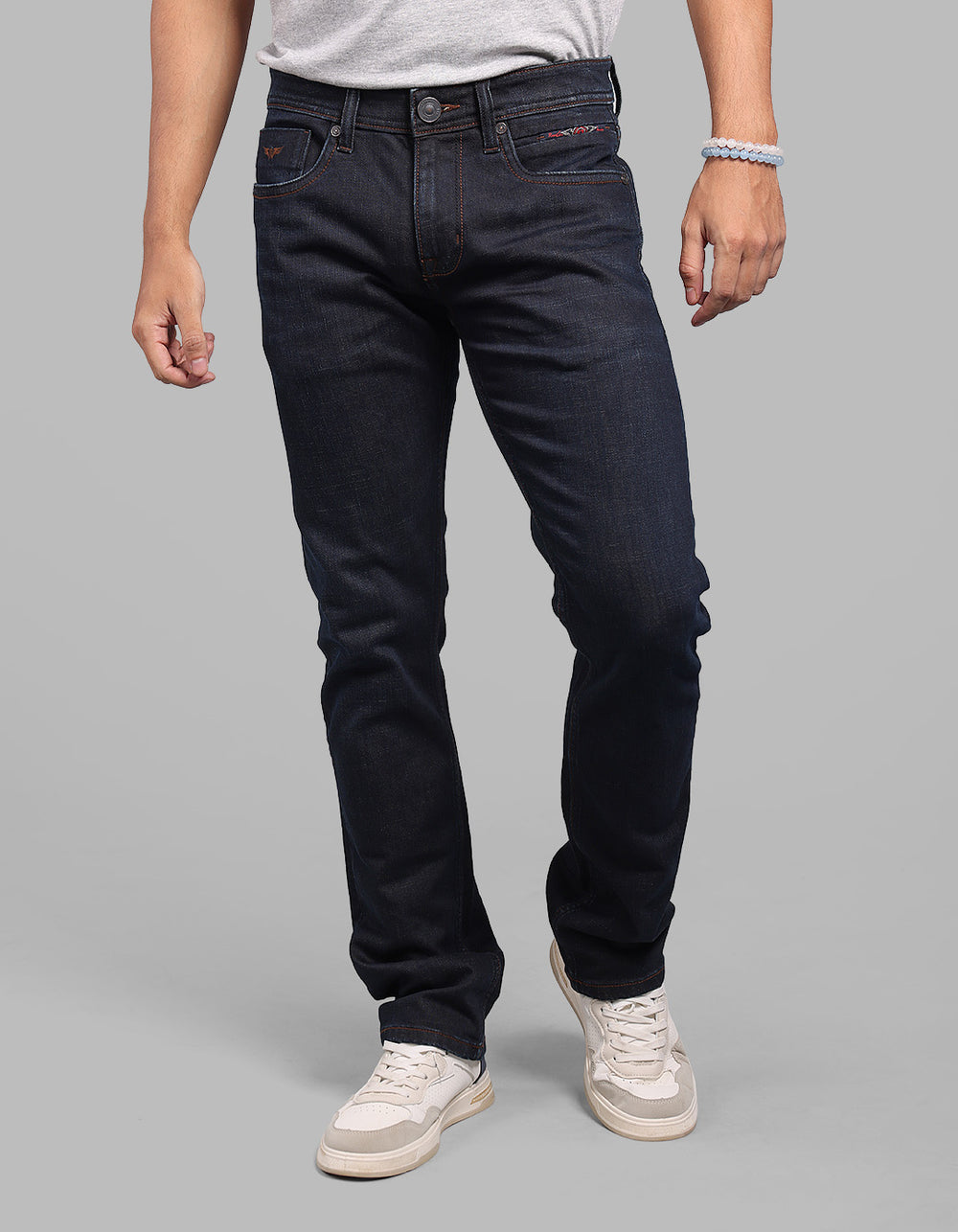 Dark Blue Mid-Rise Slim Straight Fit Stretch Jeans