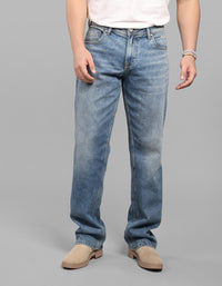 Med Blue Midrise, Comfort And Straight Crop Length Stretch Jeans