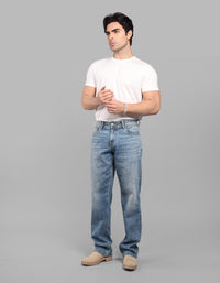 Med Blue 5 Pocket Midrise, Comfort And Straight Fit Stretch Jeans