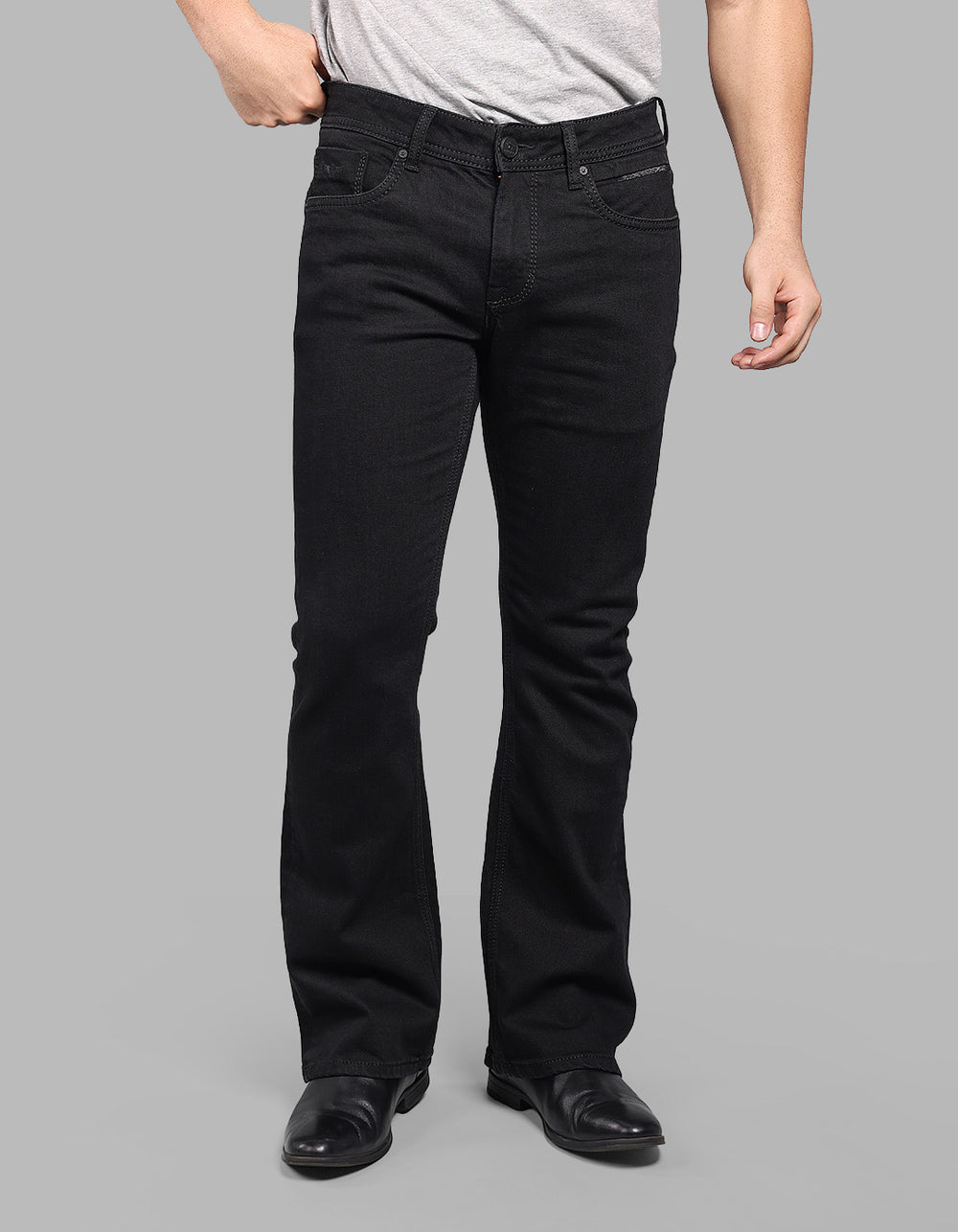 BLACK 5 Pocket Mid Rise Cropped length Loose Boot Leg Stretch Jeans