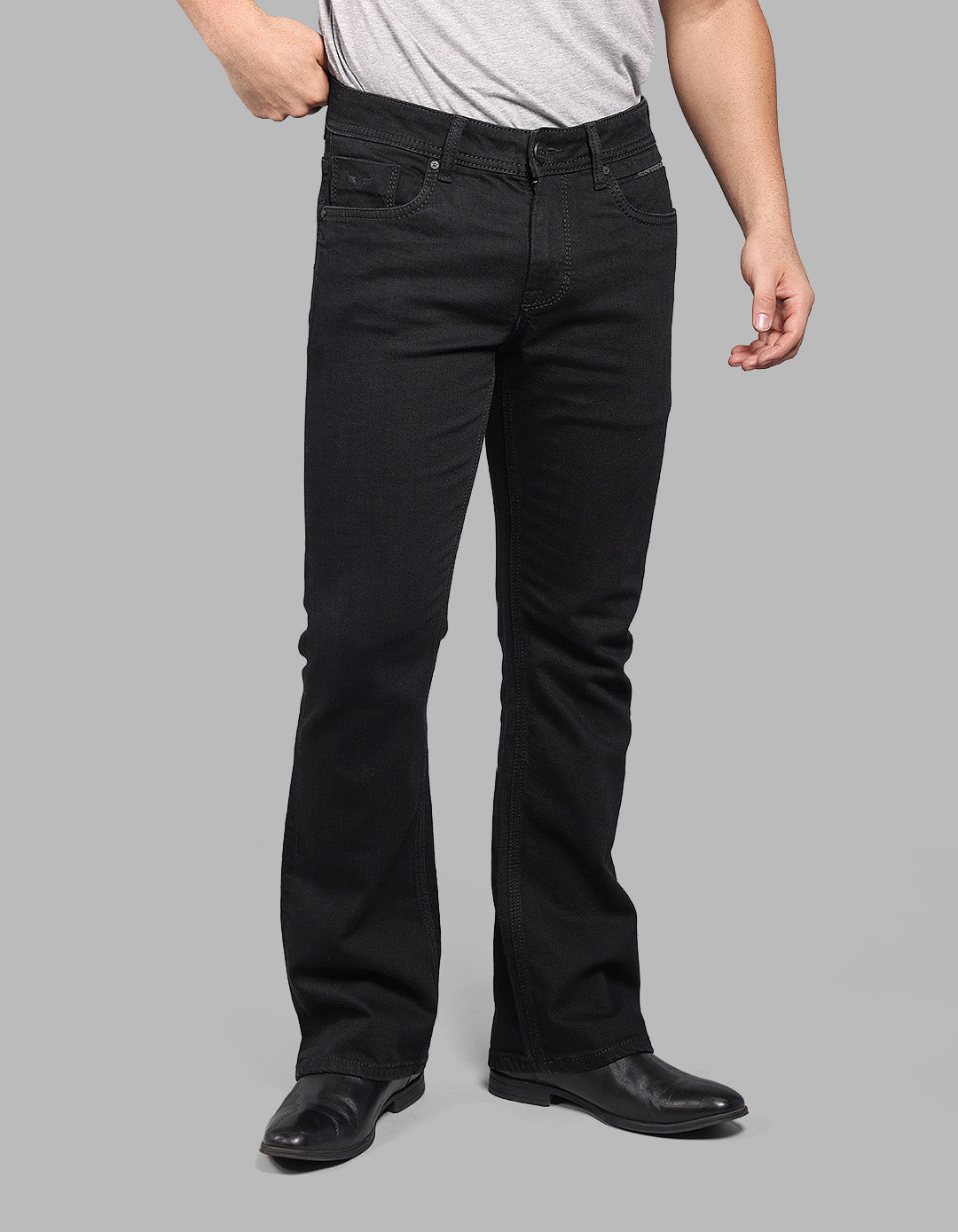BLACK 5 Pocket Mid Rise Cropped length Loose Boot Leg Stretch Jeans
