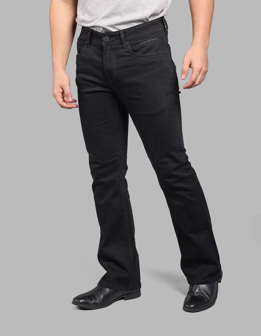 BLACK 5 Pocket Mid Rise Cropped length Loose Boot Leg Stretch Jeans