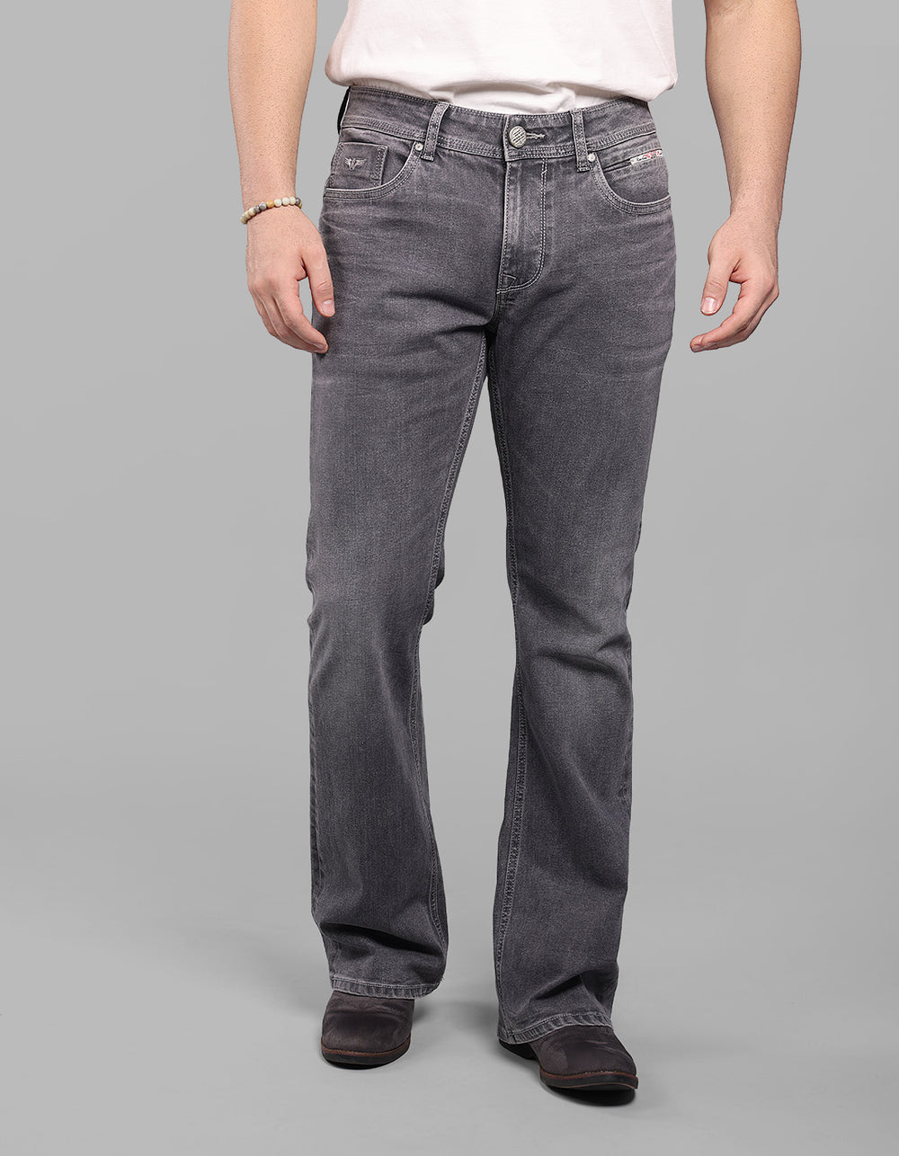 Grey 5 Pocket Mid Rise Loose Boot Leg Stretch Jeans